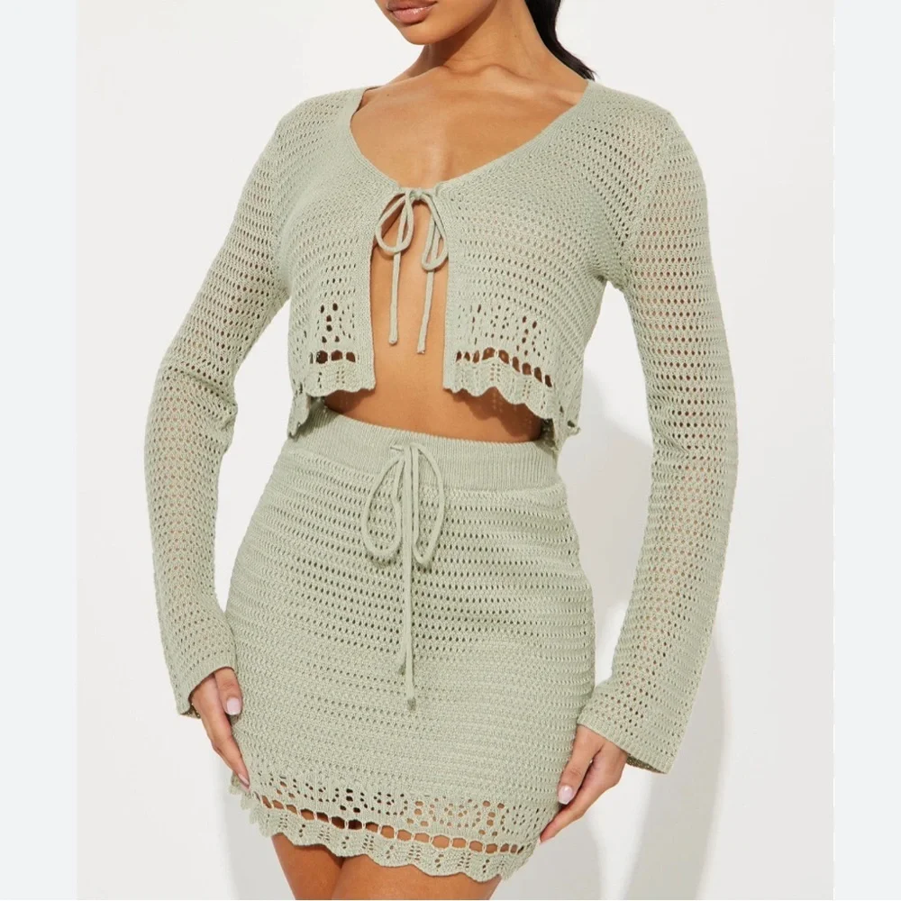 NO COMMENT Sage Green Crochet Knit Set Size XL